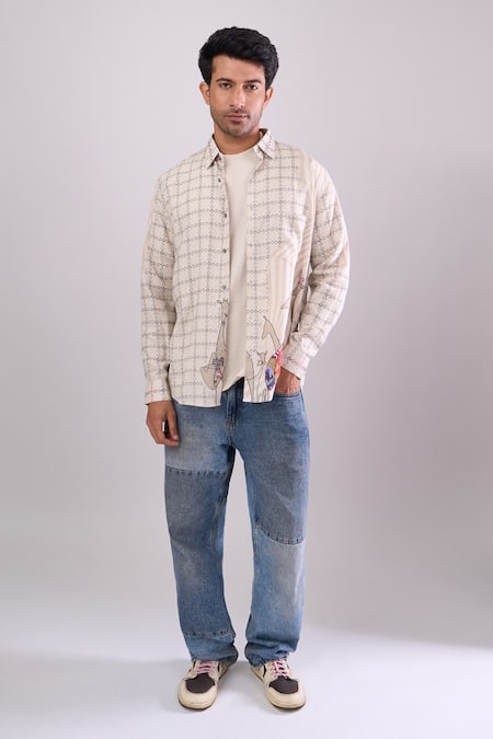 Aryavir Malhotra_Beige Cotton Digital Print Slim Fit Shirt _Online_at_Aza_Fashions