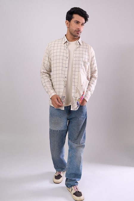 Buy_Aryavir Malhotra_Beige Cotton Digital Print Slim Fit Shirt _Online_at_Aza_Fashions