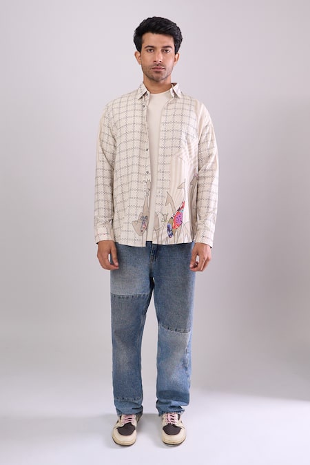 Shop_Aryavir Malhotra_Beige Cotton Digital Print Slim Fit Shirt _Online_at_Aza_Fashions