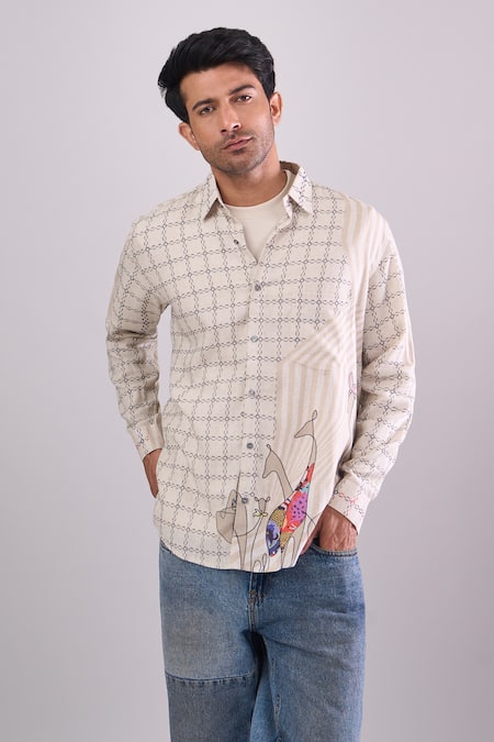 Aryavir Malhotra_Beige Cotton Digital Print Slim Fit Shirt _at_Aza_Fashions