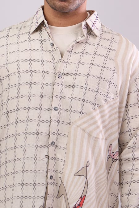 Buy_Aryavir Malhotra_Beige Cotton Digital Print Slim Fit Shirt 