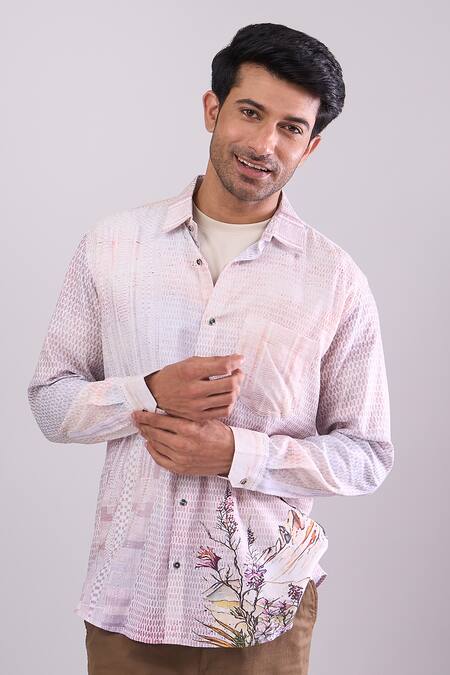 Aryavir Malhotra_Mauve Cotton Digital Print Slim Fit Shirt _at_Aza_Fashions