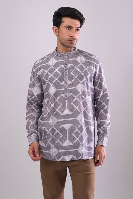 Arihant Rai Sinha_Gray Cotton Grey Digital Print Short Kurta _Online_at_Aza_Fashions