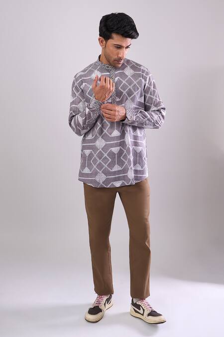 Shop_Arihant Rai Sinha_Gray Cotton Grey Digital Print Short Kurta _Online_at_Aza_Fashions