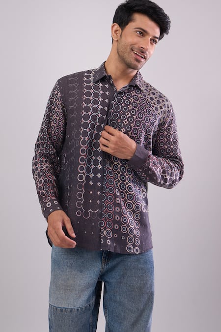 Buy_Aryavir Malhotra_Black Cotton Digital Print Slim Fit Shirt _Online_at_Aza_Fashions