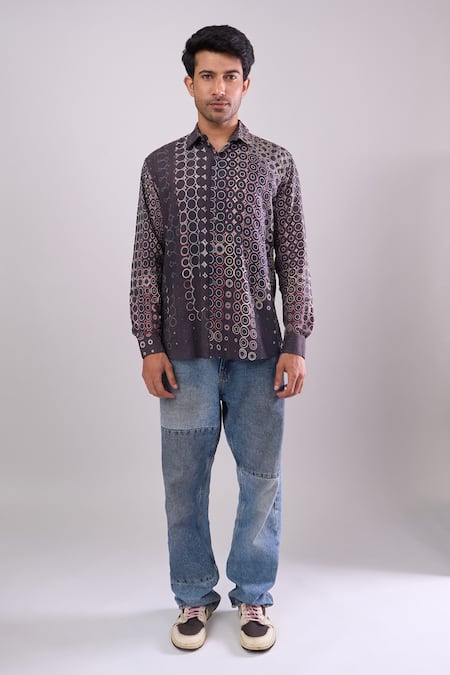 Aryavir Malhotra_Black Cotton Digital Print Slim Fit Shirt _at_Aza_Fashions