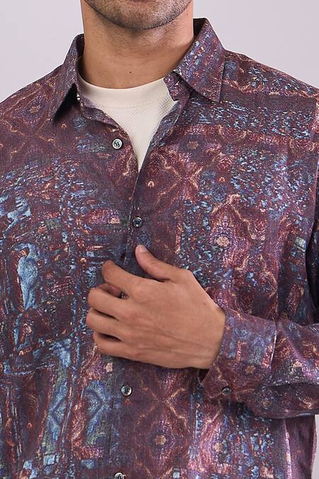 Shop_Aryavir Malhotra_Purple Cotton Multi Color Digital Print Slim Fit Shirt _Online_at_Aza_Fashions