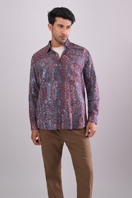 Aryavir Malhotra_Purple Cotton Multi Color Digital Print Slim Fit Shirt _at_Aza_Fashions