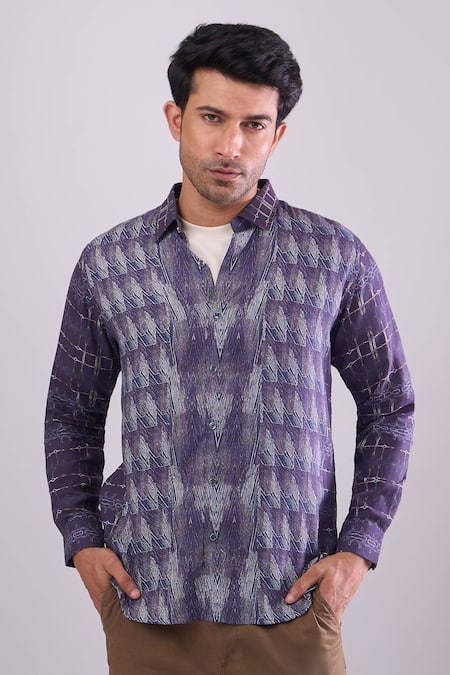 Aryavir Malhotra_Navy Cotton Blue Digital Print Slim Fit Shirt _Online_at_Aza_Fashions