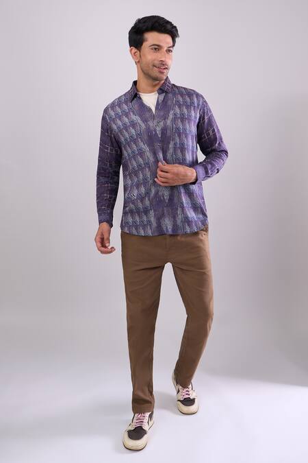 Buy_Aryavir Malhotra_Navy Cotton Blue Digital Print Slim Fit Shirt _Online_at_Aza_Fashions