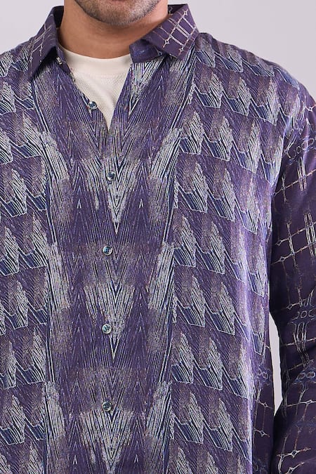 Aryavir Malhotra_Navy Cotton Blue Digital Print Slim Fit Shirt _at_Aza_Fashions