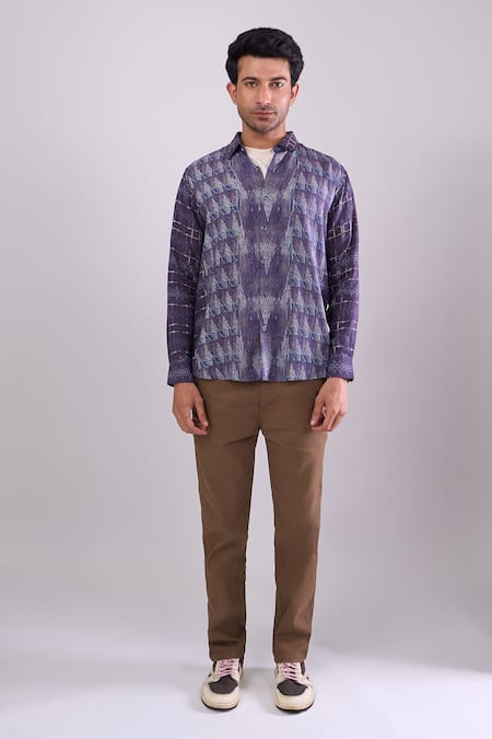 Buy_Aryavir Malhotra_Navy Cotton Blue Digital Print Slim Fit Shirt 