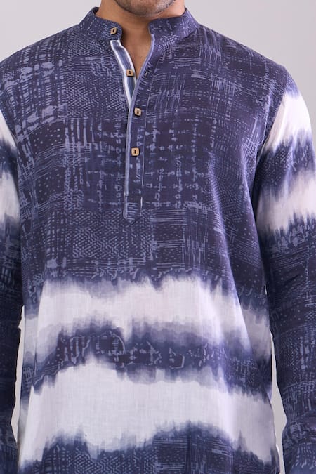 Arihant Rai Sinha_Navy Cotton Blue Digital Print Short Kurta _Online_at_Aza_Fashions