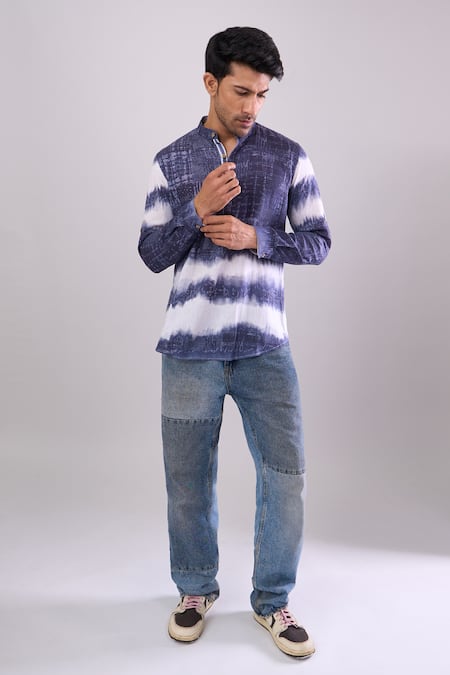 Buy_Arihant Rai Sinha_Navy Cotton Blue Digital Print Short Kurta _Online_at_Aza_Fashions