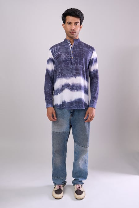 Shop_Arihant Rai Sinha_Navy Cotton Blue Digital Print Short Kurta _Online_at_Aza_Fashions