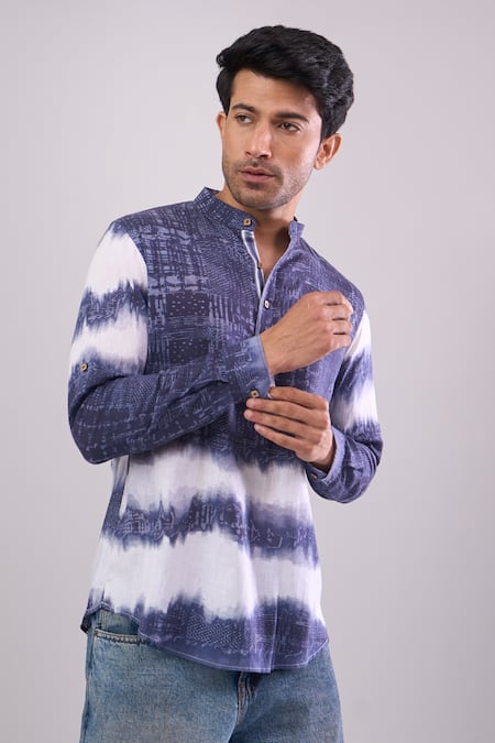 Arihant Rai Sinha_Navy Cotton Blue Digital Print Short Kurta _at_Aza_Fashions