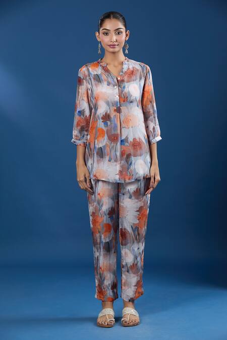 Naintara Bajaj_Orange Collared Floral Print Paper Silk Shirt And Pant Set _Online_at_Aza_Fashions