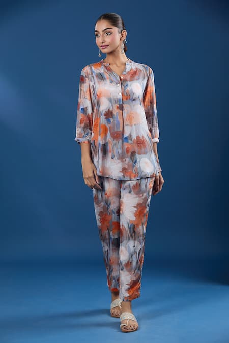 Buy_Naintara Bajaj_Orange Collared Floral Print Paper Silk Shirt And Pant Set _Online_at_Aza_Fashions