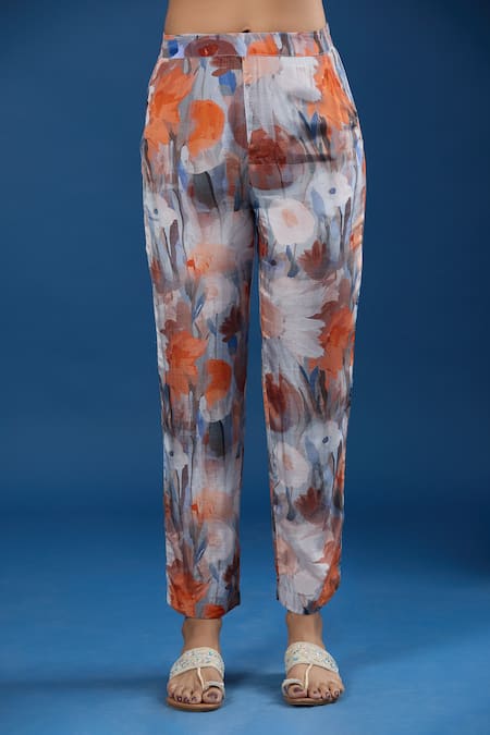 Shop_Naintara Bajaj_Orange Collared Floral Print Paper Silk Shirt And Pant Set _Online_at_Aza_Fashions