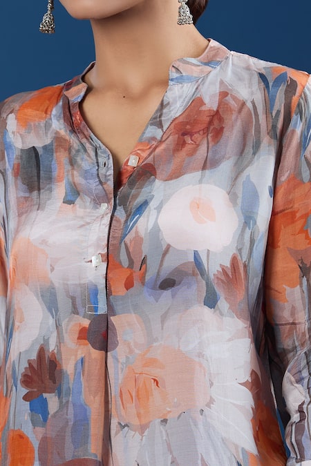 Naintara Bajaj_Orange Collared Floral Print Paper Silk Shirt And Pant Set _at_Aza_Fashions