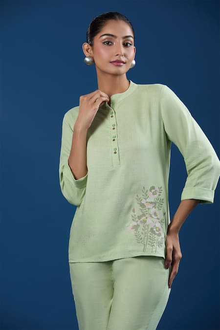 Naintara Bajaj_Green Embroidery Mandarin Collar Pale Liva Viscose Shirt And Pant Set _Online_at_Aza_Fashions