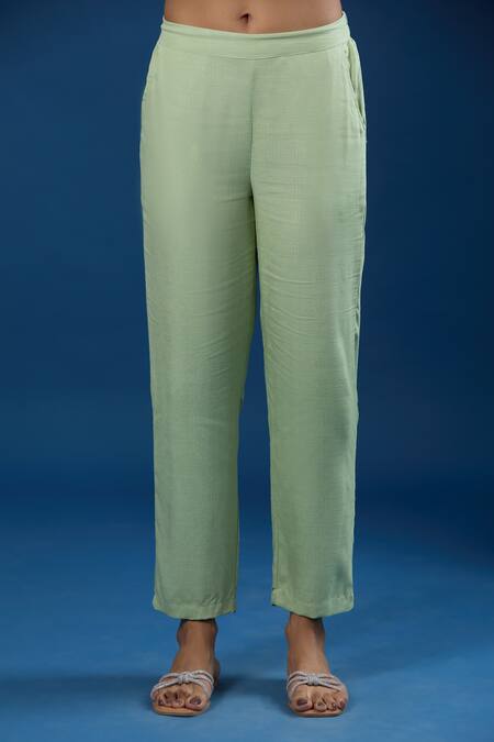 Buy_Naintara Bajaj_Green Embroidery Mandarin Collar Pale Liva Viscose Shirt And Pant Set _Online_at_Aza_Fashions