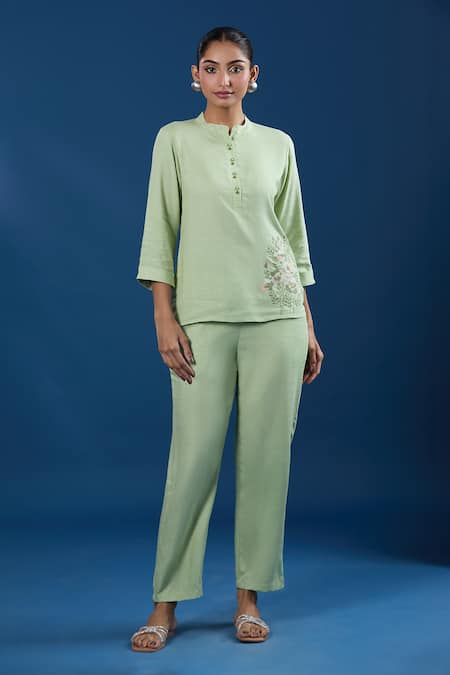 Shop_Naintara Bajaj_Green Embroidery Mandarin Collar Pale Liva Viscose Shirt And Pant Set _Online_at_Aza_Fashions
