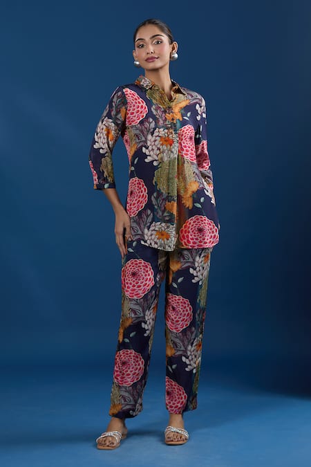 Naintara Bajaj Navy Floral Shirt & Pant Set 