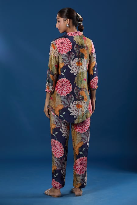 Naintara Bajaj Navy Floral Shirt & Pant Set 