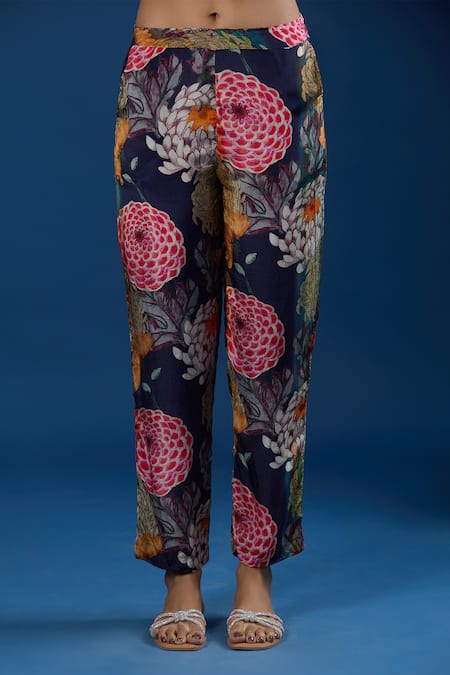 Shop Naintara Bajaj Navy Silk Collared Floral Shirt And Pant Set Online at Aza Fashions Shop_Naintara Bajaj_Navy Silk Collared Floral Shirt And Pant Set _Online_at_Aza_Fashions