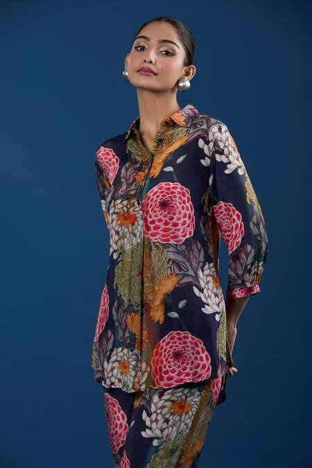 Naintara Bajaj Navy Silk Collared Floral Shirt And Pant Set at Aza Fashions Naintara Bajaj_Navy Silk Collared Floral Shirt And Pant Set _at_Aza_Fashions