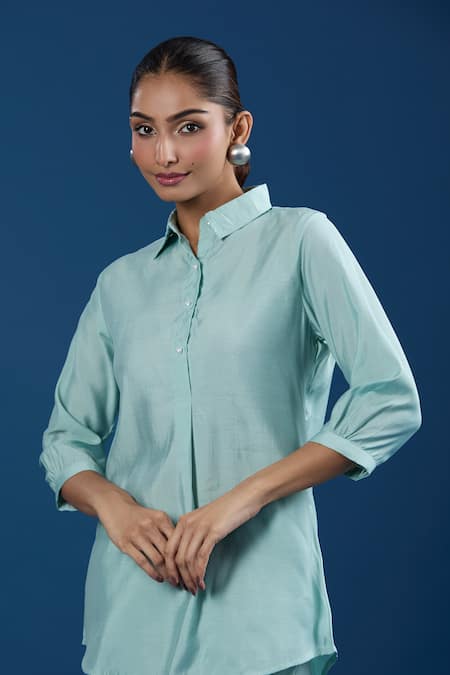Naintara Bajaj_Aqua Modal, Muslin Collared Light Shirt And Pant Set _Online_at_Aza_Fashions