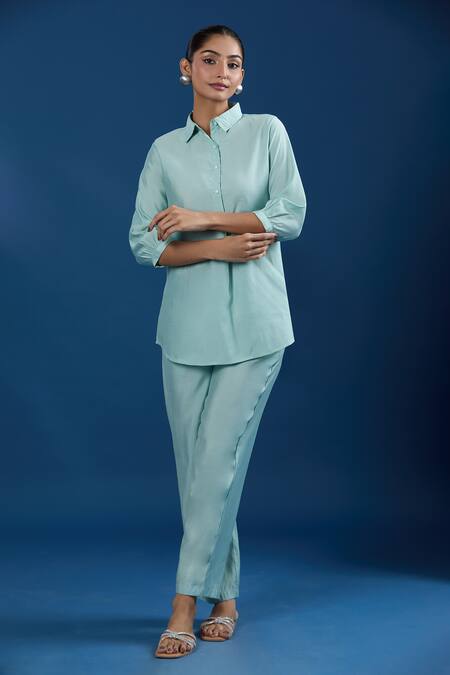 Buy_Naintara Bajaj_Aqua Modal, Muslin Collared Light Shirt And Pant Set _Online_at_Aza_Fashions