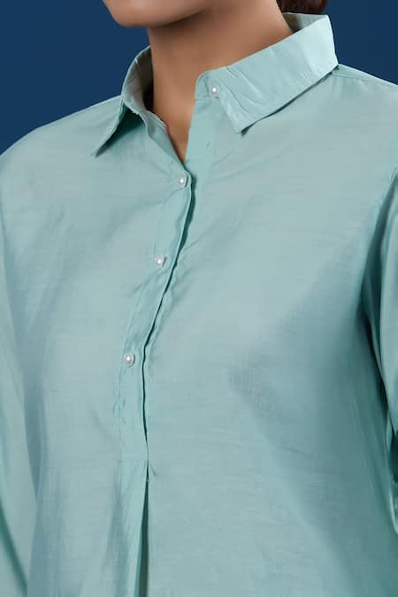 Shop_Naintara Bajaj_Aqua Modal, Muslin Collared Light Shirt And Pant Set _Online_at_Aza_Fashions