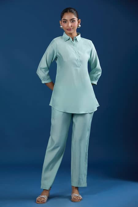 Naintara Bajaj Light Aqua Modal Muslin Shirt & Pant Set 