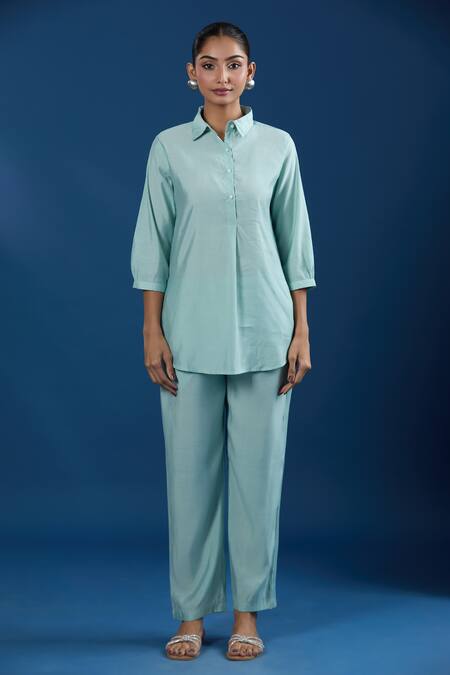 Buy_Naintara Bajaj_Aqua Modal, Muslin Collared Light Shirt And Pant Set 