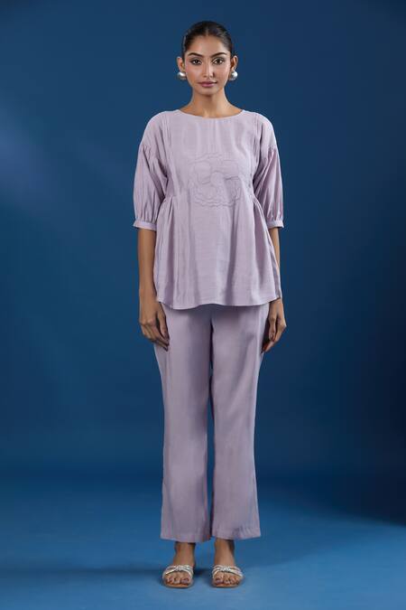 Naintara Bajaj_Pink Silk Embroidery Round Neck Onion Luxe Top And Pant Set _Online_at_Aza_Fashions
