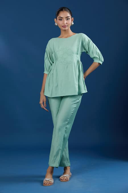 Naintara Bajaj Light Green Luxe Silk Top & Pant Set 