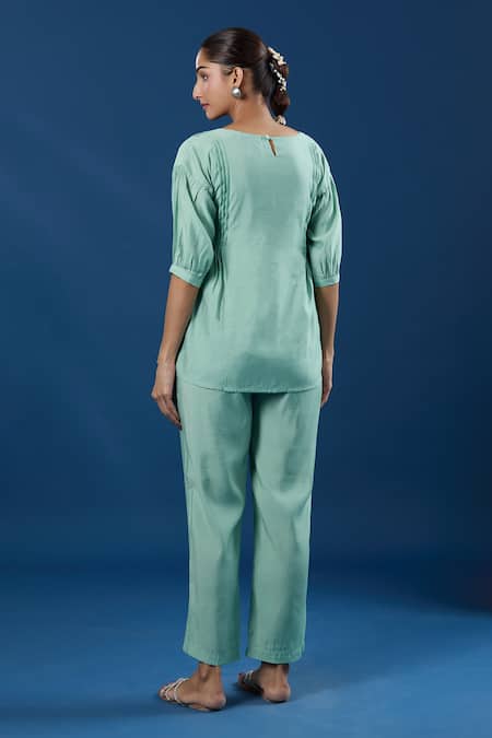 Naintara Bajaj Light Green Luxe Silk Top & Pant Set 