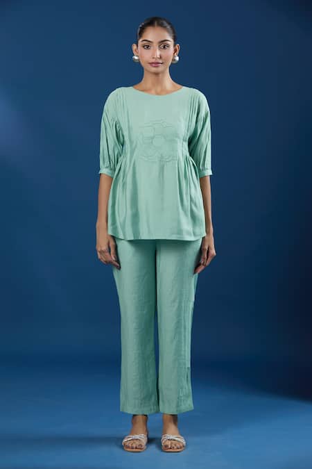 Naintara Bajaj Green Embroidery Round Neck Light Luxe Silk Top And Pant Set Online at Aza Fashions Naintara Bajaj_Green Embroidery Round Neck Light Luxe Silk Top And Pant Set _Online_at_Aza_Fashions