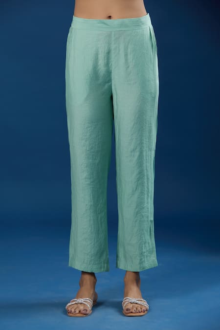 Shop Naintara Bajaj Green Embroidery Round Neck Light Luxe Silk Top And Pant Set Online at Aza Fashions Shop_Naintara Bajaj_Green Embroidery Round Neck Light Luxe Silk Top And Pant Set _Online_at_Aza_Fashions