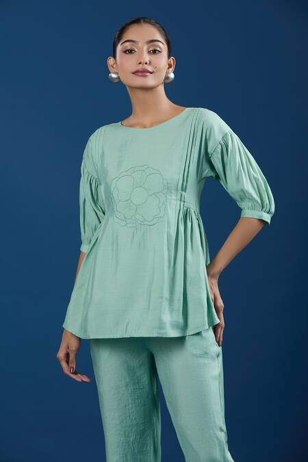 Naintara Bajaj Green Embroidery Round Neck Light Luxe Silk Top And Pant Set at Aza Fashions Naintara Bajaj_Green Embroidery Round Neck Light Luxe Silk Top And Pant Set _at_Aza_Fashions