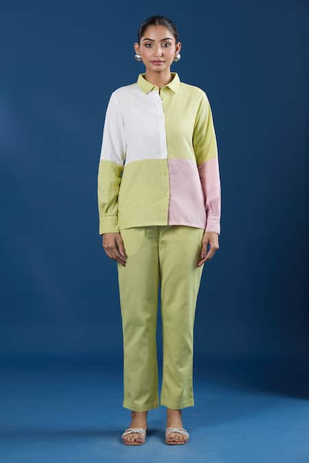 Buy Naintara Bajaj Green Cotton, Linen Collared Color Block Shirt And Pant Set Online at Aza Fashions Buy_Naintara Bajaj_Green Cotton, Linen Collared Color Block Shirt And Pant Set _Online_at_Aza_Fashions