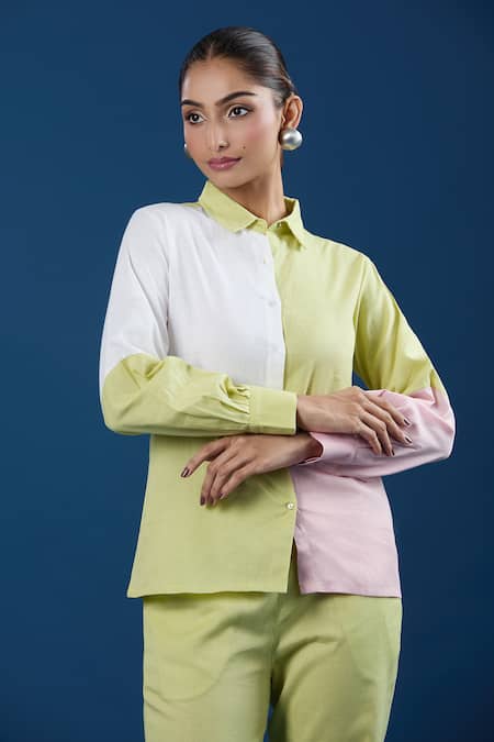 Shop Naintara Bajaj Green Cotton, Linen Collared Color Block Shirt And Pant Set Online at Aza Fashions Shop_Naintara Bajaj_Green Cotton, Linen Collared Color Block Shirt And Pant Set _Online_at_Aza_Fashions