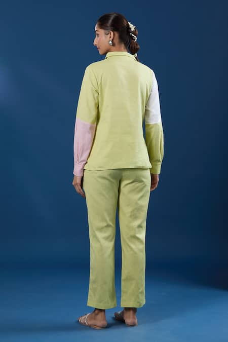 Naintara Bajaj Green Color Block Shirt & Pant Set 