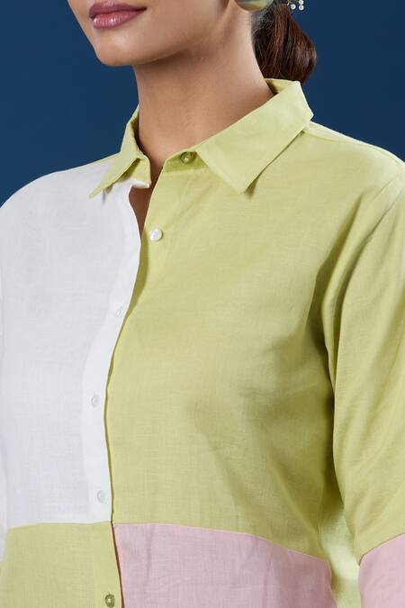 Naintara Bajaj Green Cotton, Linen Collared Color Block Shirt And Pant Set at Aza Fashions Naintara Bajaj_Green Cotton, Linen Collared Color Block Shirt And Pant Set _at_Aza_Fashions