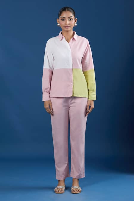 Naintara Bajaj_Pink Cotton, Linen Collared Color Block Shirt And Pant Set _Online_at_Aza_Fashions