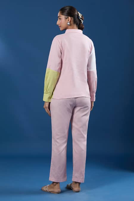 Naintara Bajaj Color Block Cotton Linen Shirt & Pant Set 