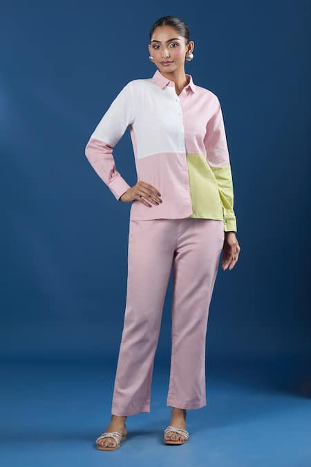 Buy_Naintara Bajaj_Pink Cotton, Linen Collared Color Block Shirt And Pant Set _Online_at_Aza_Fashions