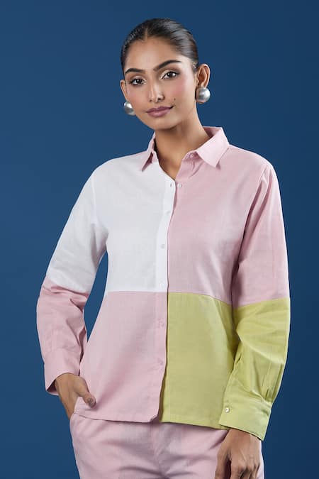 Buy_Naintara Bajaj_Pink Cotton, Linen Collared Color Block Shirt And Pant Set 